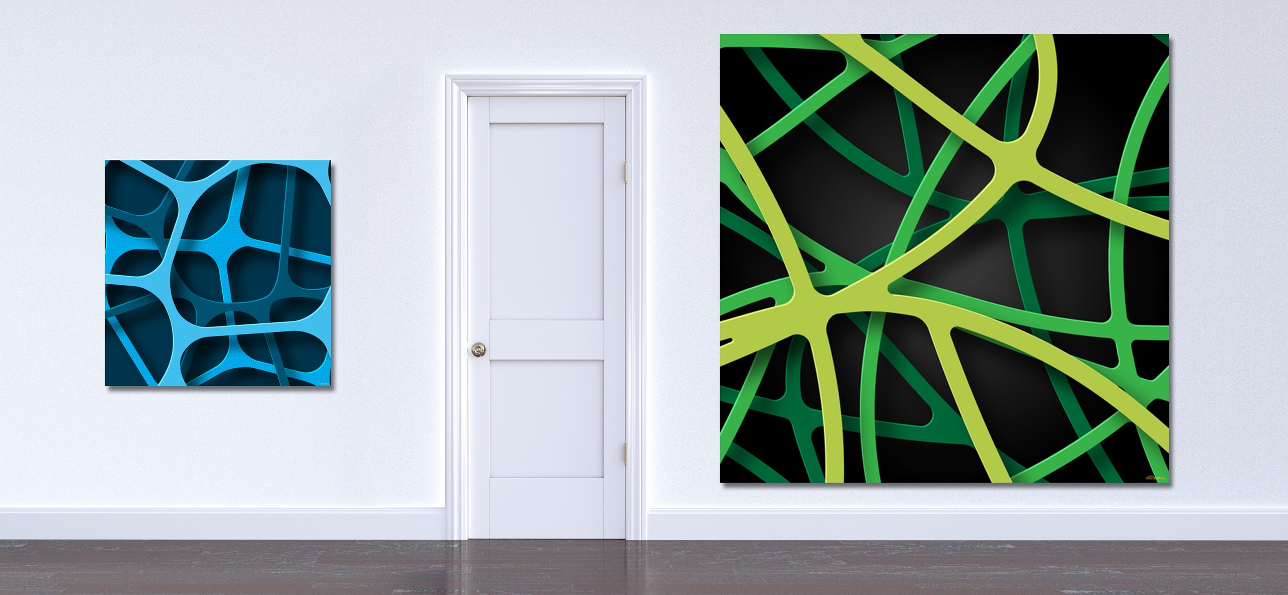 Two StrandedWebs art pieces hanging on a wall.