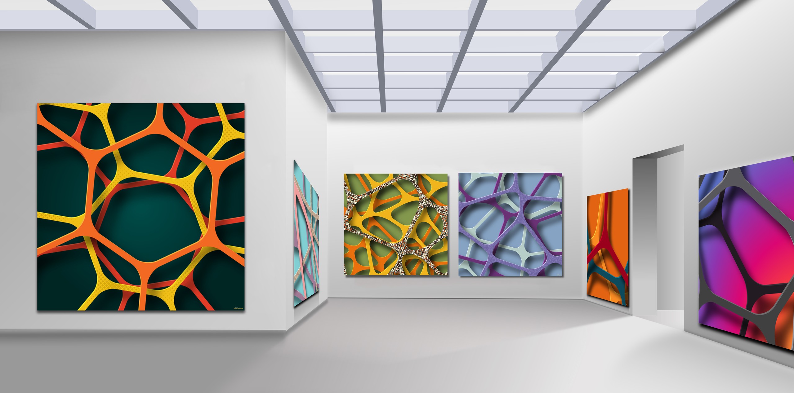 A mockup of Stranded Webs art pieces being shown in a digital museum.